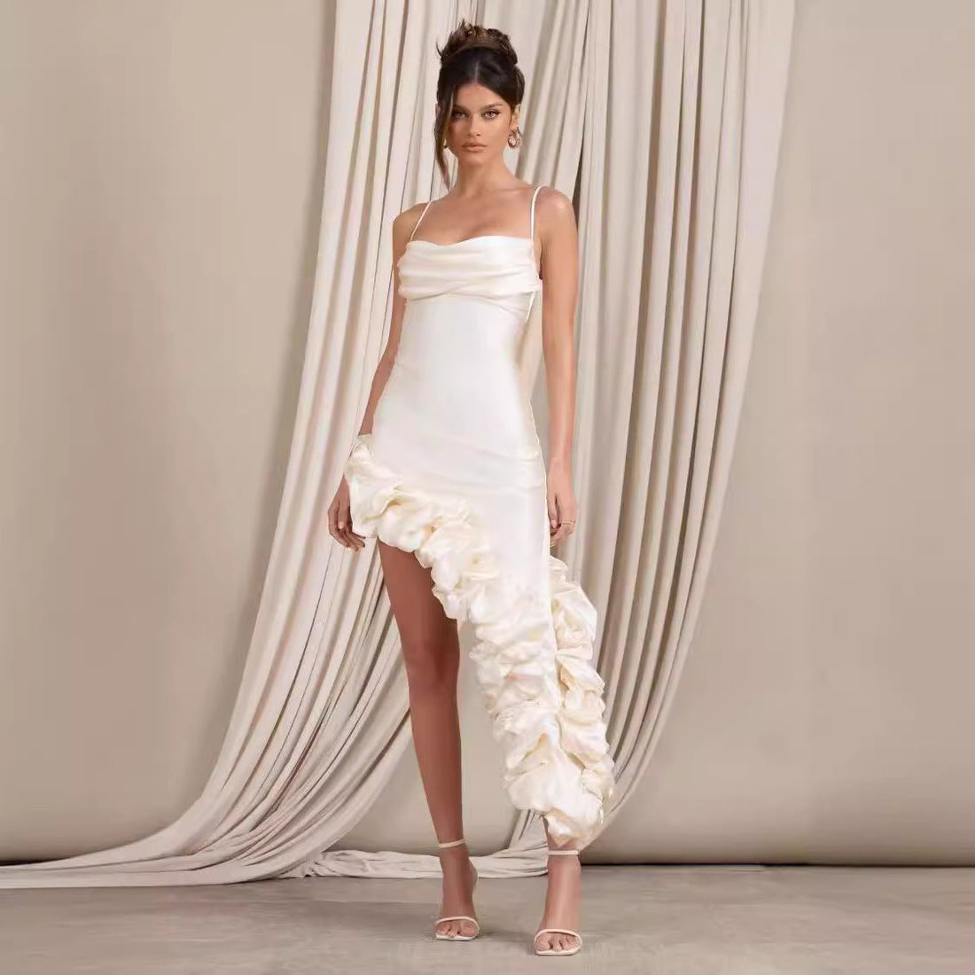 Satin Slim Fit Asymmetrical Hem Evening Dress