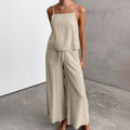 Women's Set – Sleeveless Top and Wide Pants – Cotton Linen – Relaxed Fit – Drawstring Waist