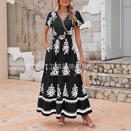 Women's Maxi Dress – V-Neck – A-Line with Ruffles – Floral – Short Sleeves