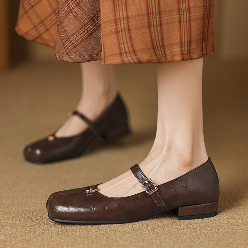 Women's shoes flat – Leather look – Square Toe – Buckle strap – Low block heel casual style