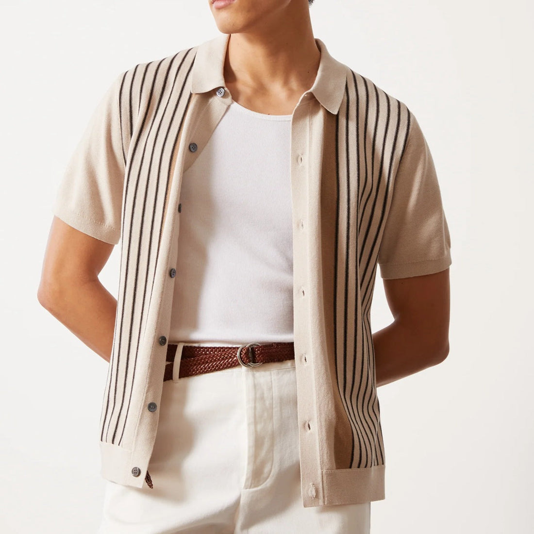 Relaxed Knit Vertical Stripe Polo Shirt