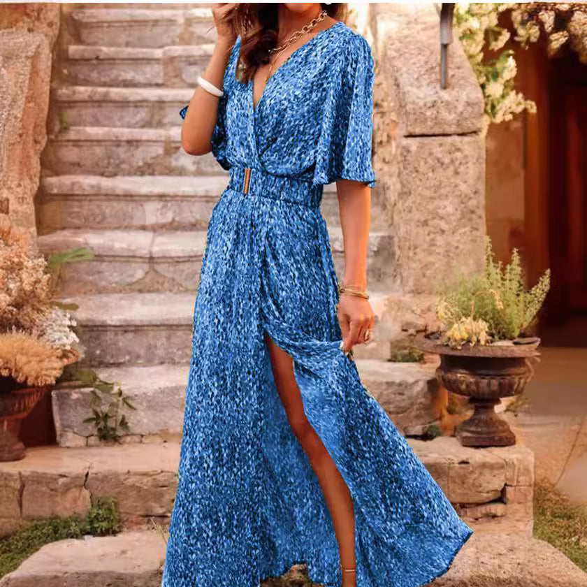 Women's Maxi Dress – V-Neck Wrap – Belt at Waist – Slit – Short Sleeves