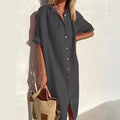Women's Shirt Dress – Cotton Linen Blend – Relaxed Fit – Short Sleeve – Button Closure