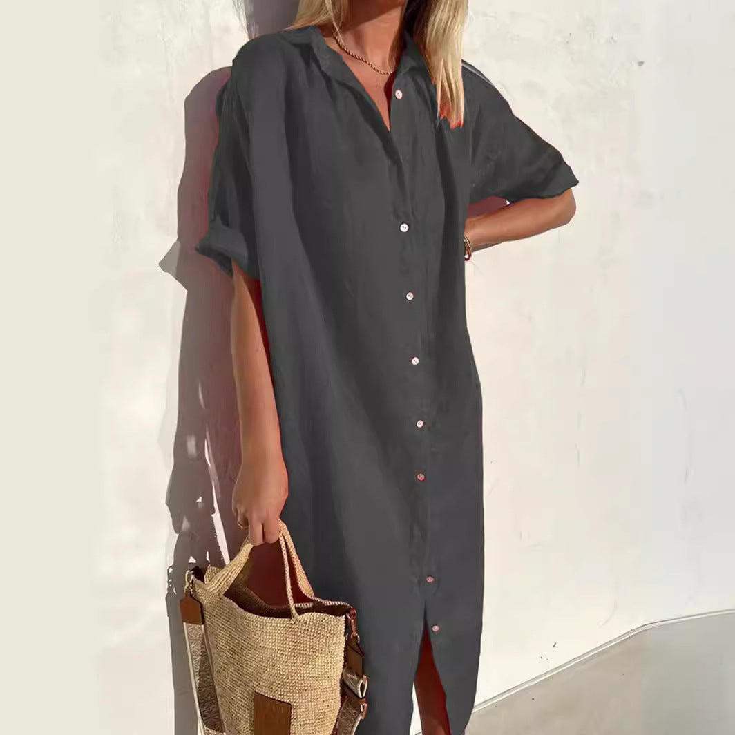 Women's Shirt Dress – Cotton Linen Blend – Relaxed Fit – Short Sleeve – Button Closure