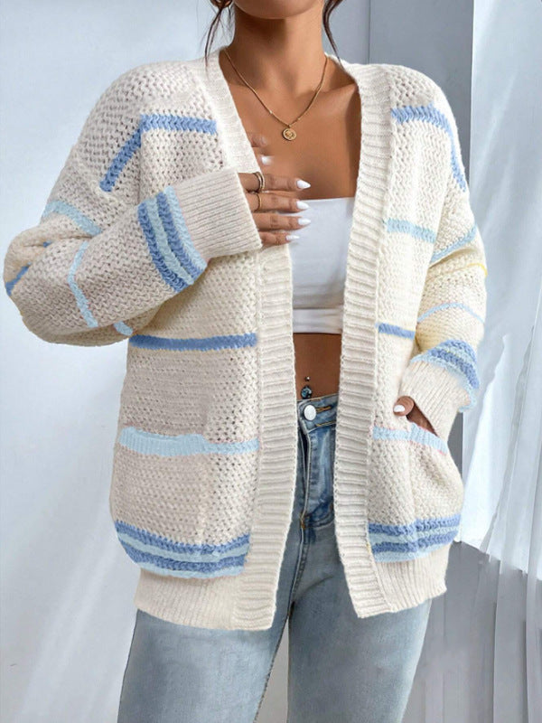 Women's Cardigan – Oversized Fit – Textured Knit with Stripes – Soft Ribbed Edge