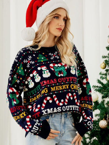 Festive Pattern Jacquard Knit Cropped Sweatshirt