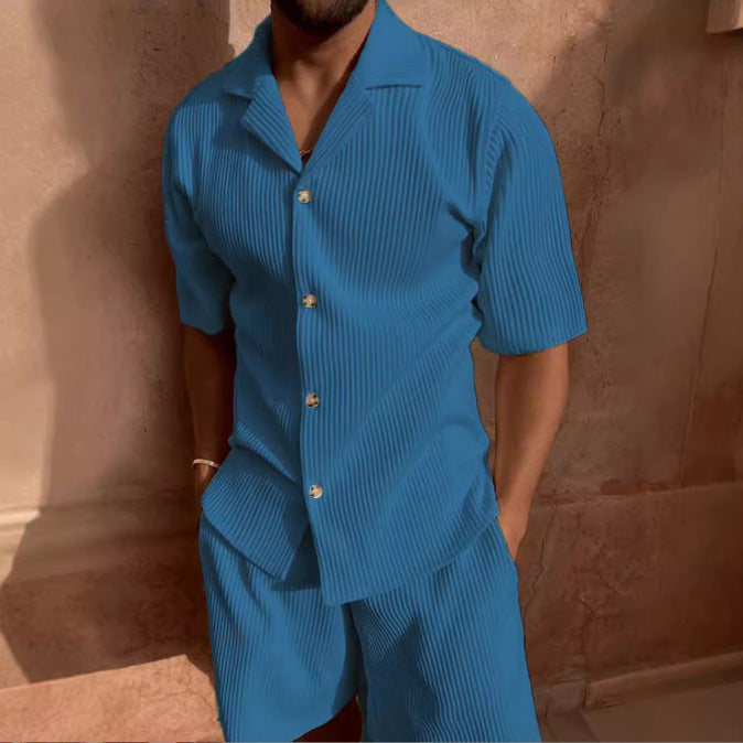 Men's Set – Relaxed Fit – Short-Sleeved Shirt and Shorts in Soft Velvet Texture