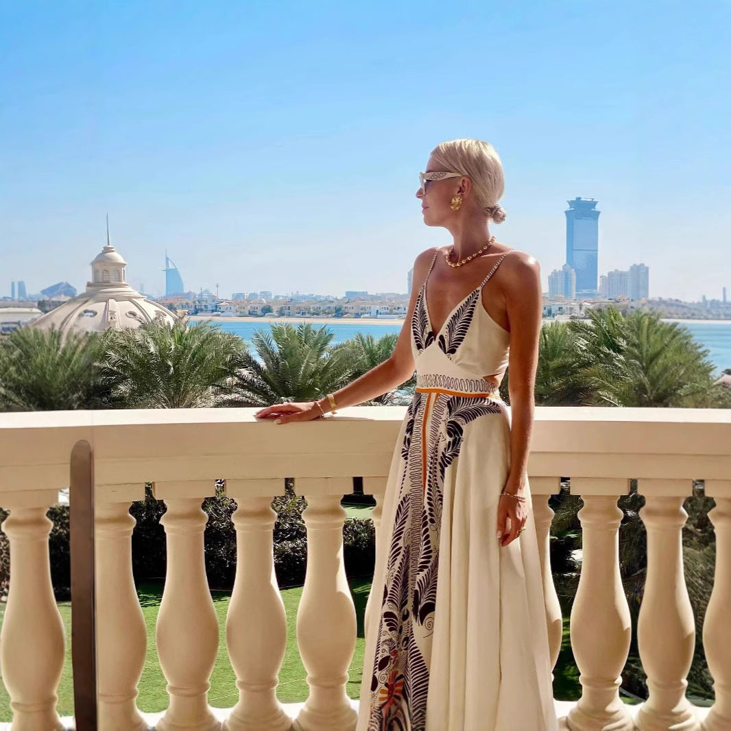 Women's Maxi Dress – Halterneck – Light and Breathable – Printed – Low Waist – Open Back