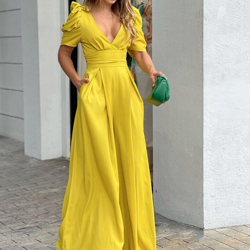 V-neck Puff Sleeve Wide Leg Jumpsuit