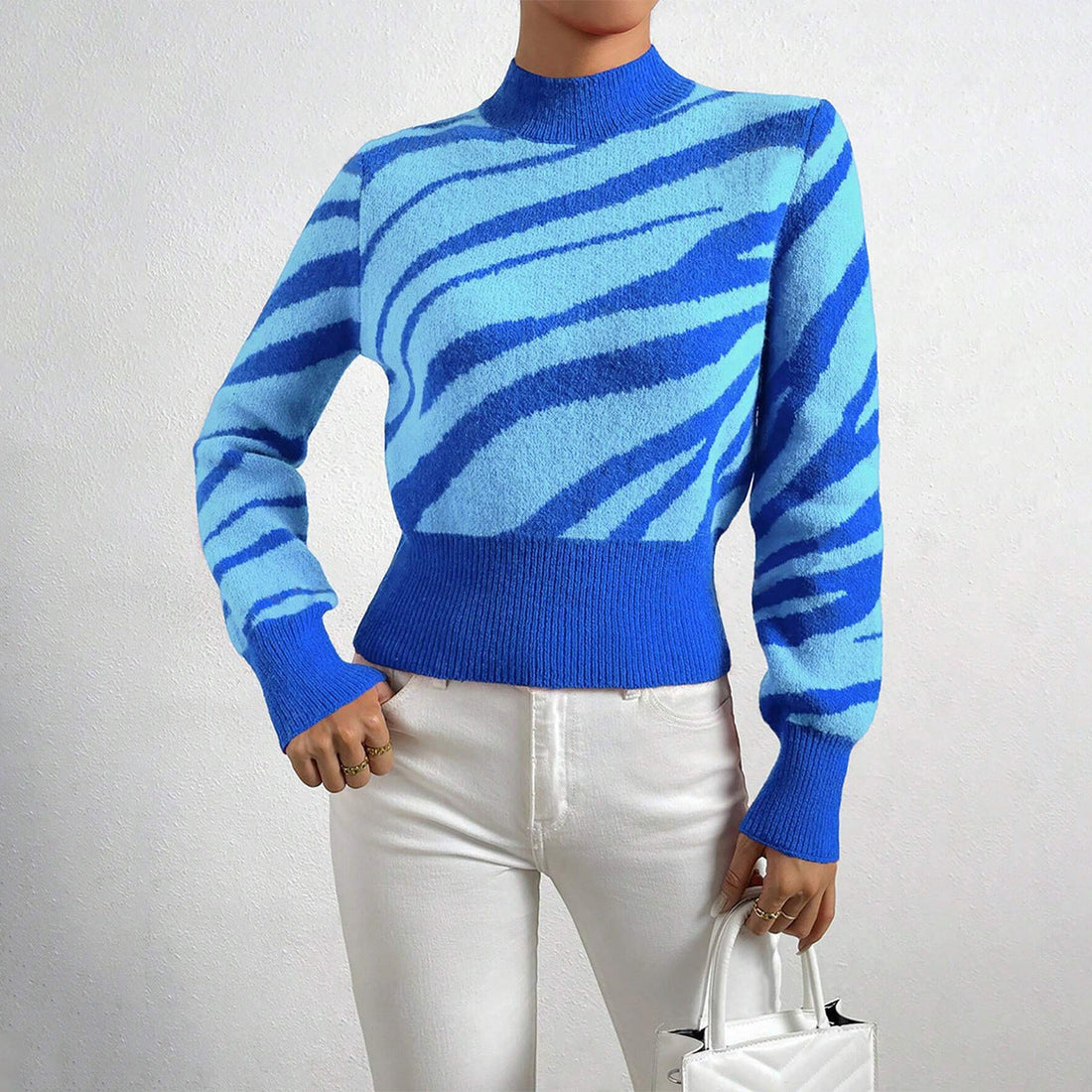 Zebra Pattern Semi-High Neck Knit Sweater