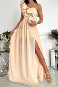 Women's Evening Dress - Asymmetric One-Shoulder - Ruched Detail - High Slit - Elegant Cut