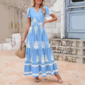 Women's Maxi Dress – V-Neck – A-Line with Ruffles – Floral – Short Sleeves