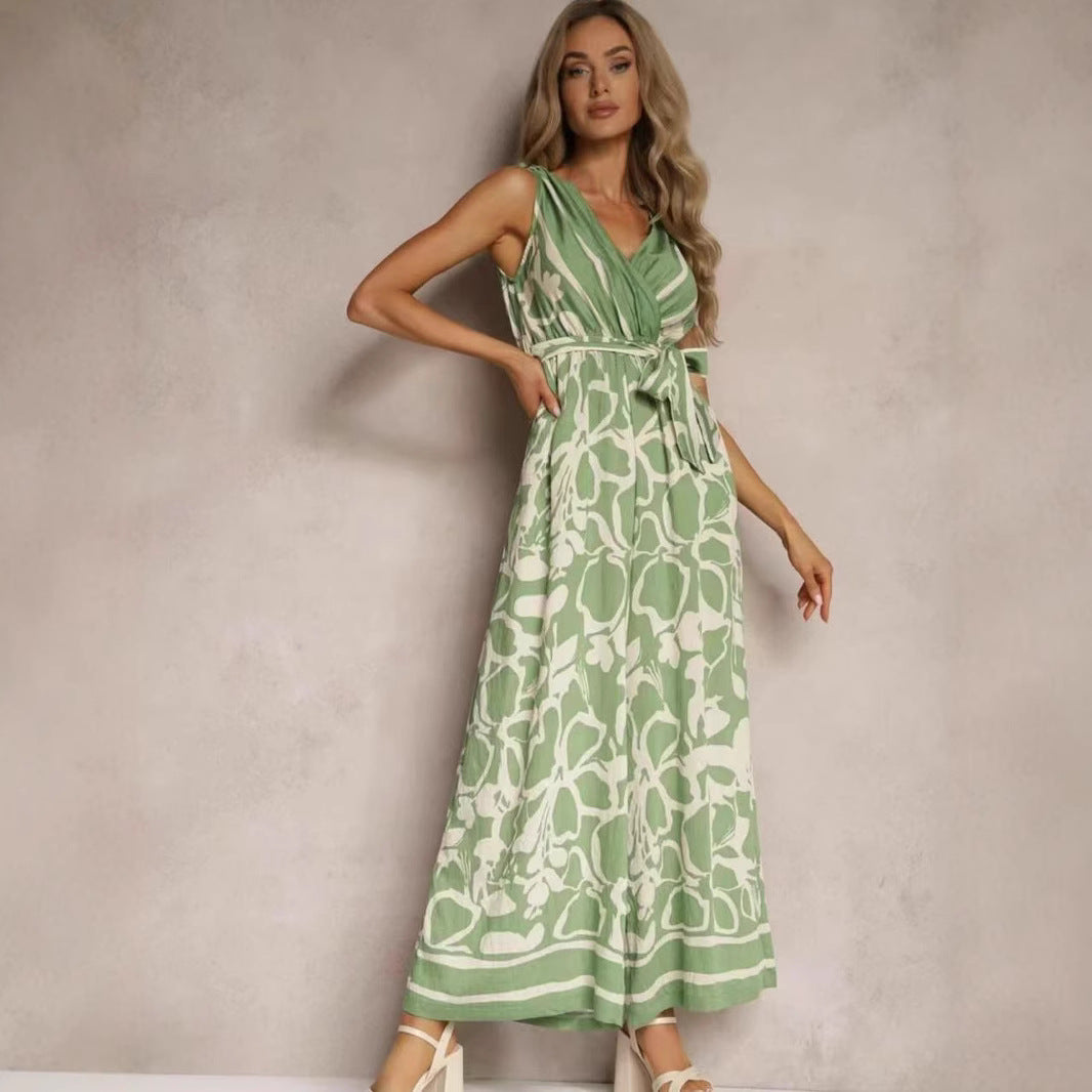Printed Tie Belt Relaxed Fit Jumpsuit