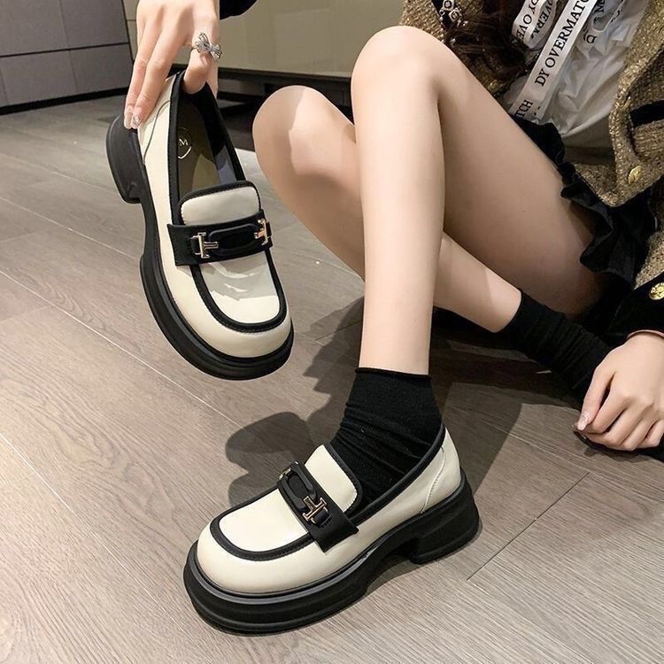 Women's Shoes Loafers – Chunky Sole – Slip-On – Leather Look – Metal Strap Detail