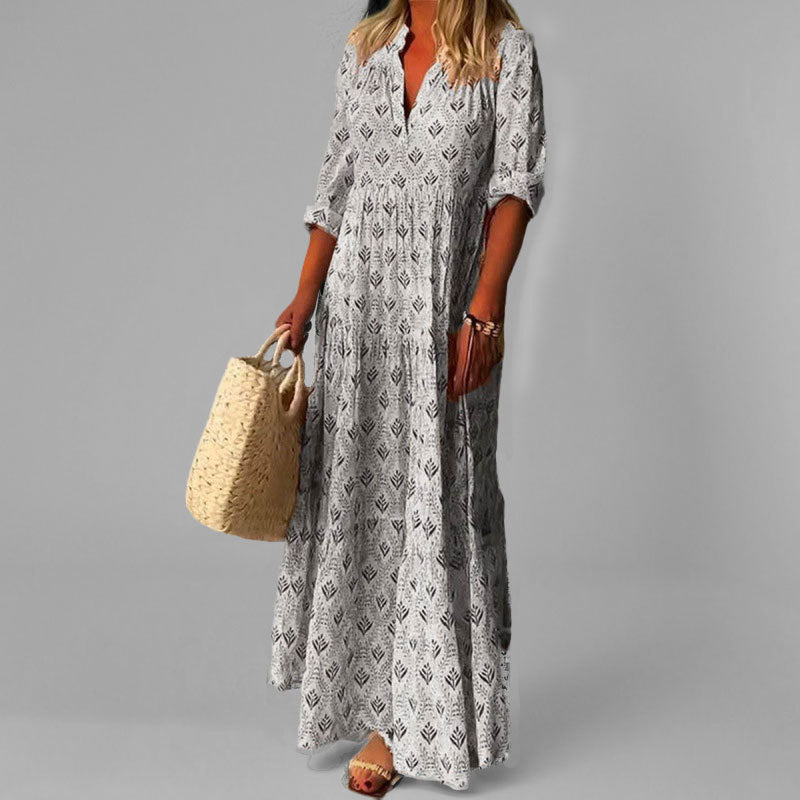 Women's Maxi Dress – Light Cotton – Loose Fit – V-neck – Vintage Pattern – 3/4 Sleeves