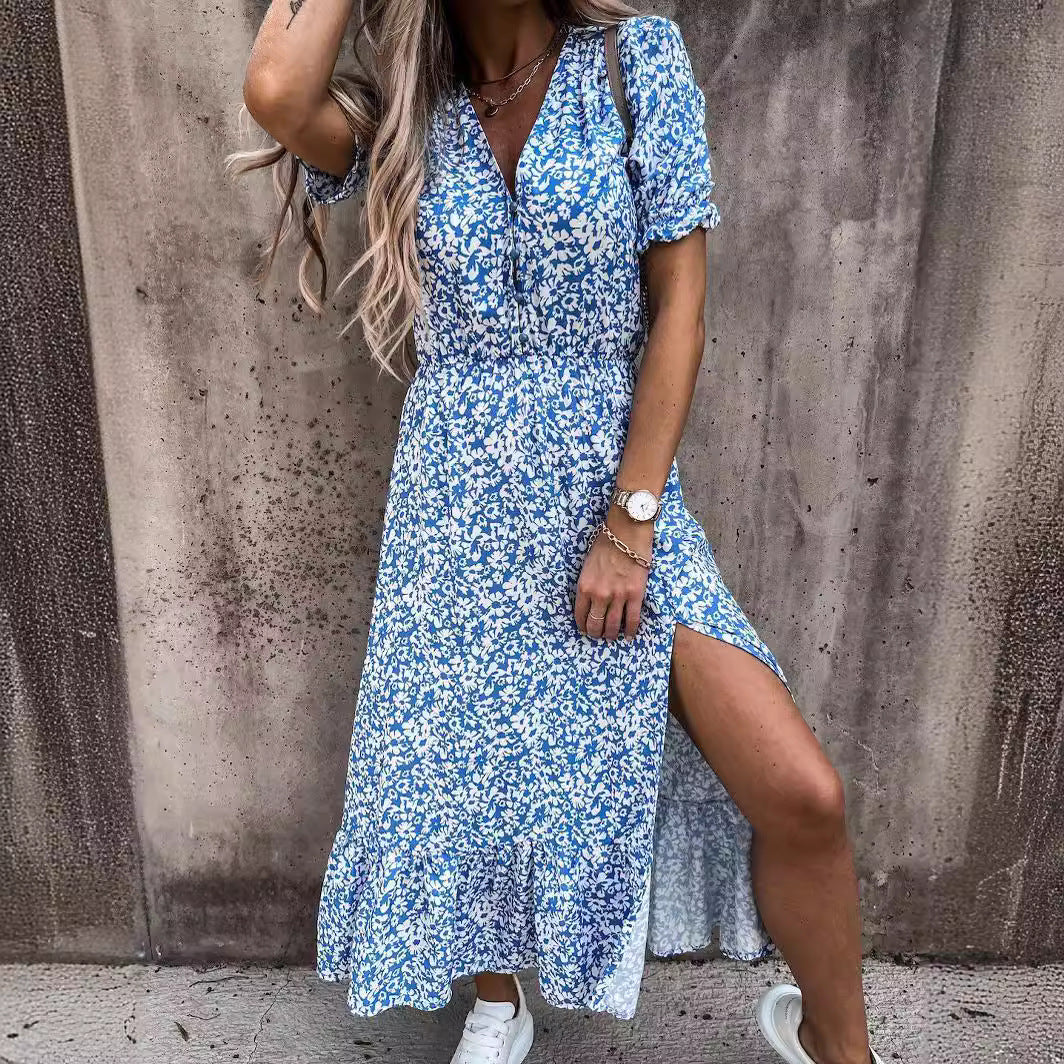 Women's Maxi Dress – V-Neck – Short Sleeve – Floral Print – Elastic Waist – Slit