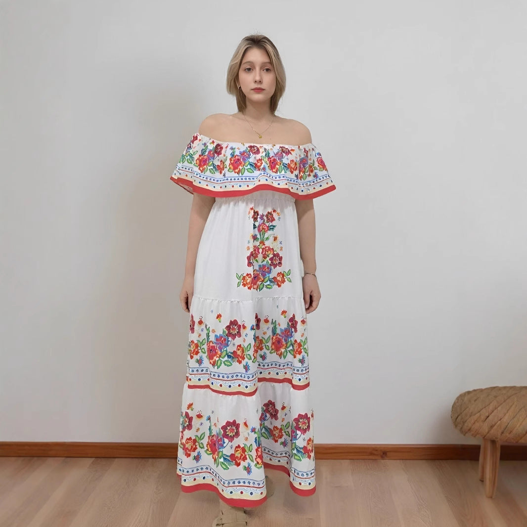 Women's Maxi Dress – Off-Shoulder – Floral Pattern – Ruched Bodice – Tiered Skirt