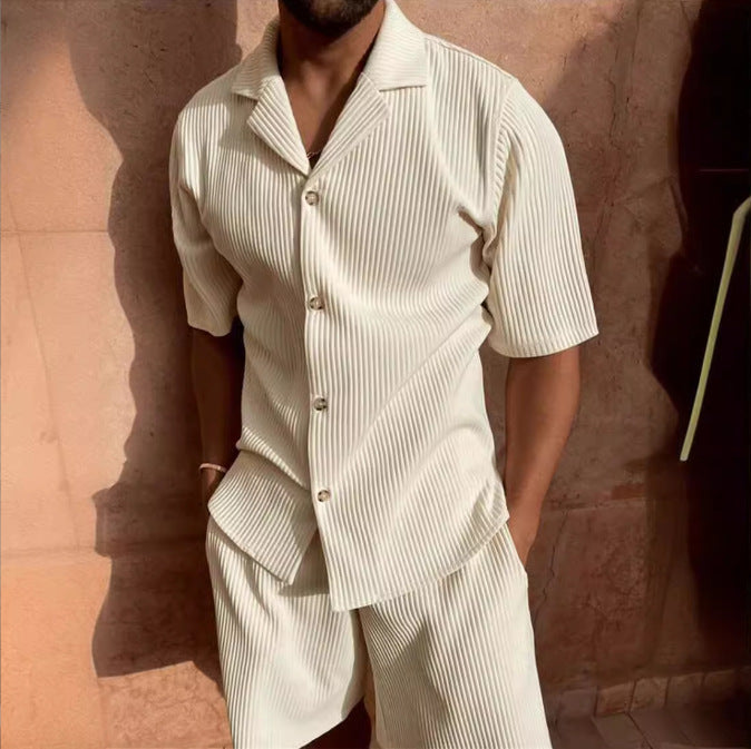 Men's Set – Relaxed Fit – Short-Sleeved Shirt and Shorts in Soft Velvet Texture