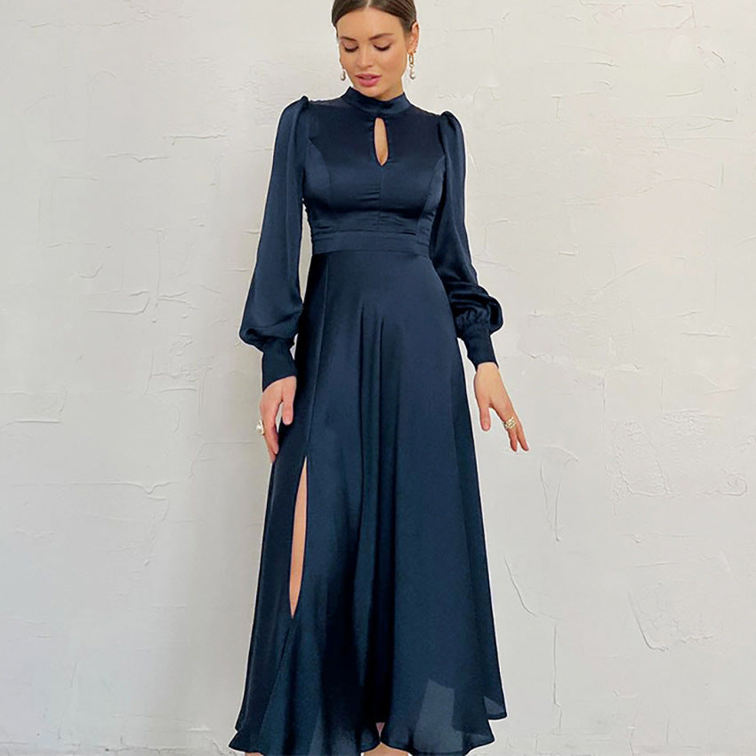 Women's Long Dress – Satin – High Neck – Puff Sleeves – Elegant Loose Fit