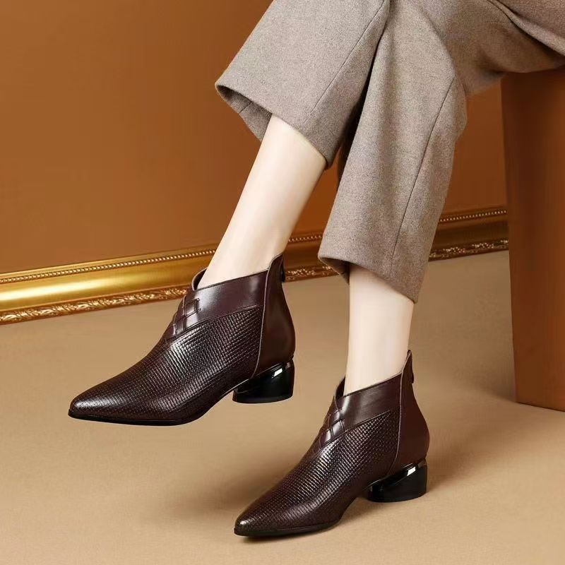 Leather Pointed Toe Low Heel Ankle Boots