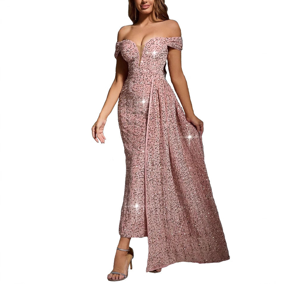 Dress for Women – Evening Dress in Sequin Fabric – Full Length – Off-Shoulder – Sleeveless