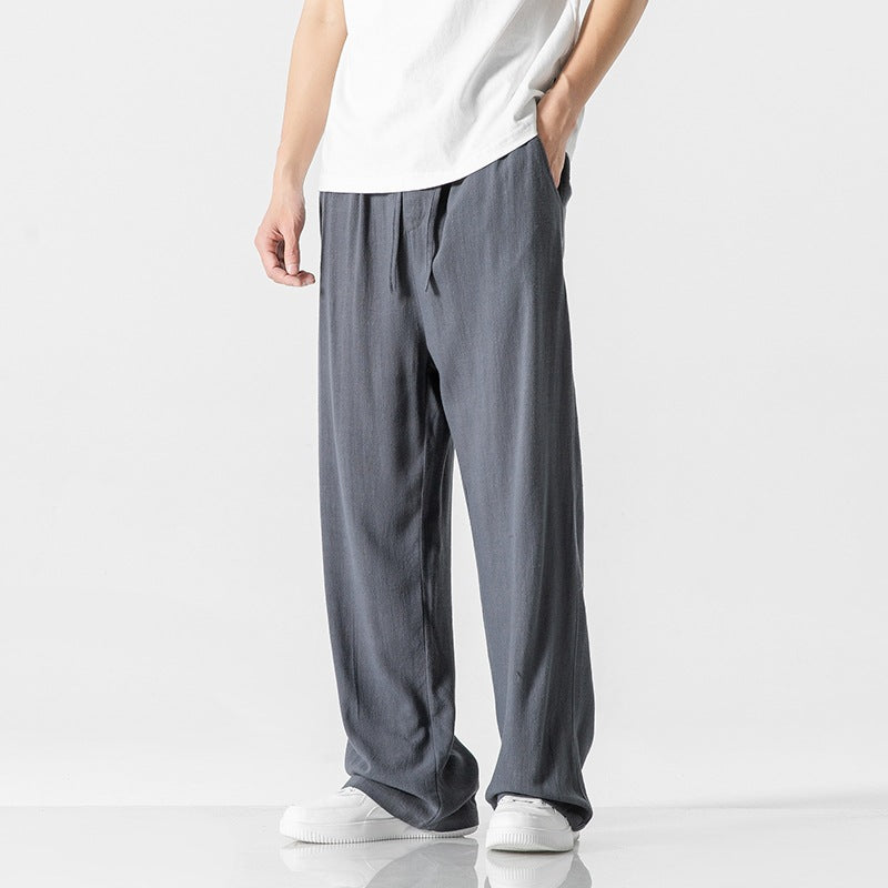 Men's Trousers – Linen Blend – Loose Fit – Drawstring Closure – Full Length