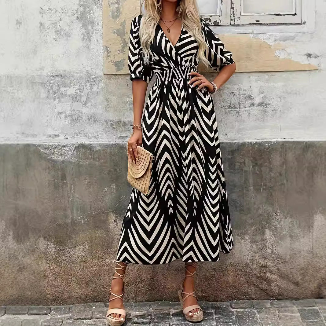 Wrap Chevron Puff Sleeve Midi Dress