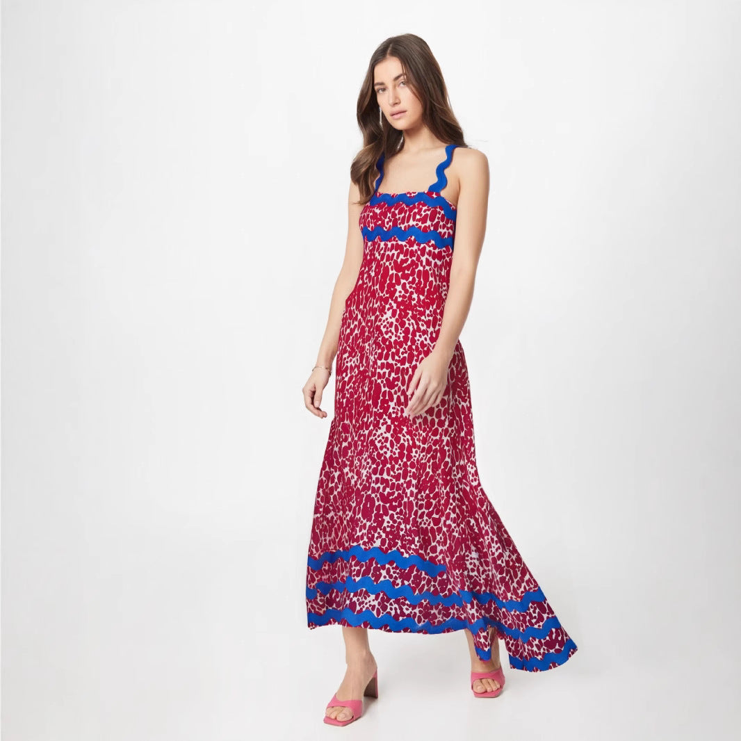 Women's Maxi Dress – Lightweight Material – Floral Print – Wavy Strap and Edge