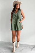 Women's Romper – Denim – Loose Fit – Sleeveless – Laced V-neck – Short Legs