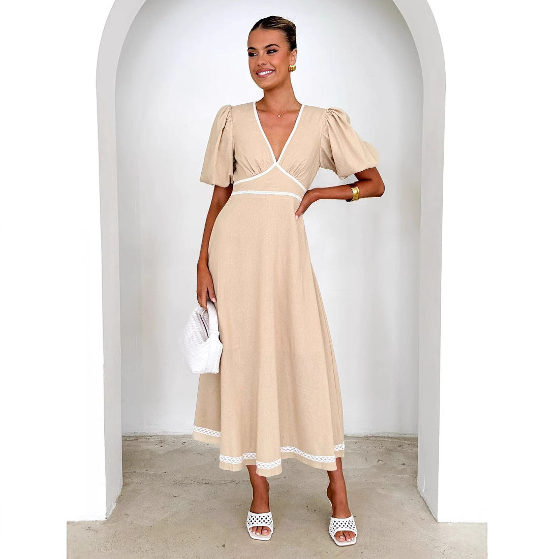 Puff Sleeve Lace Trim Maxi Dress