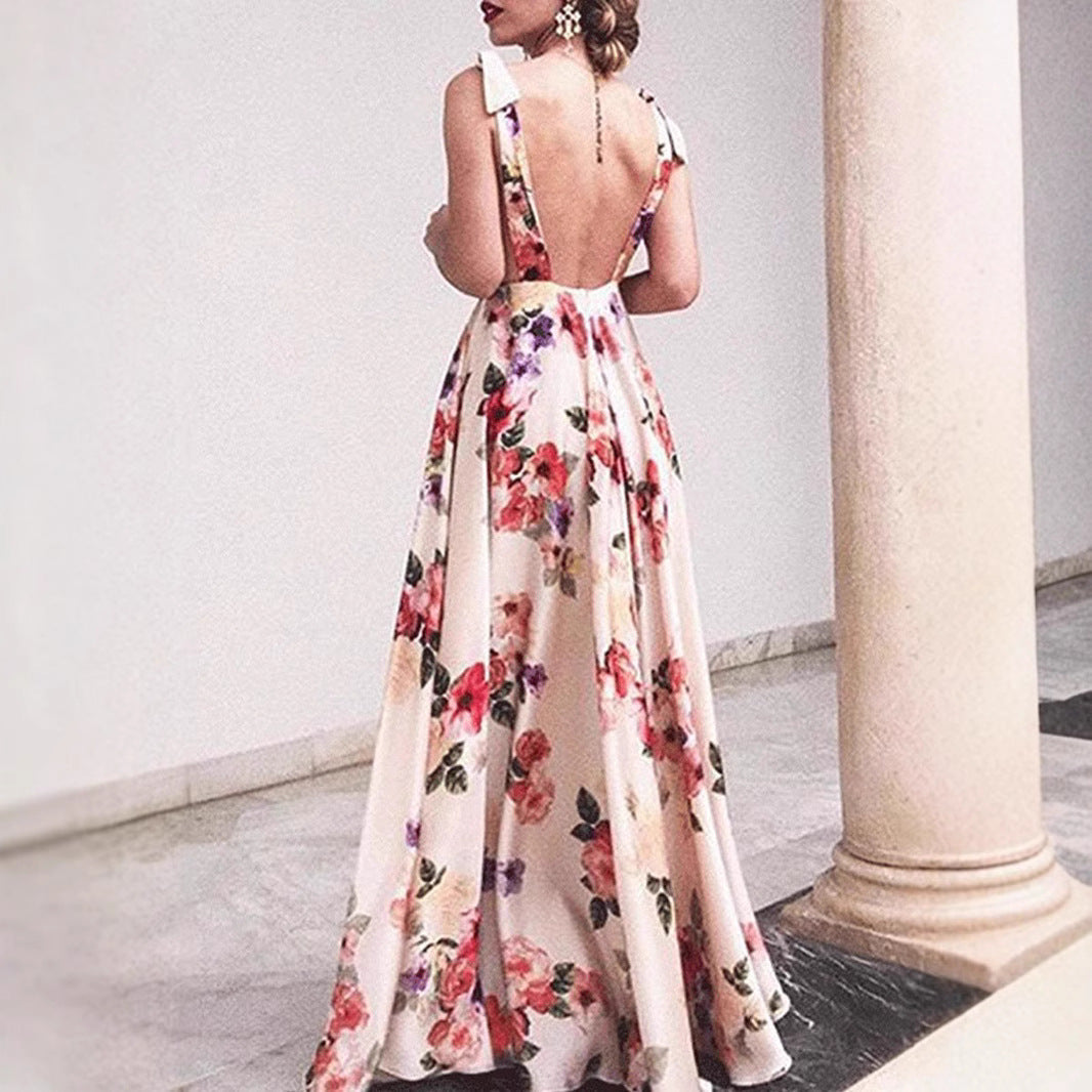 Women's Maxi Dress – A-line Fit – Floral Print – V-neckline – Sleeveless Backless