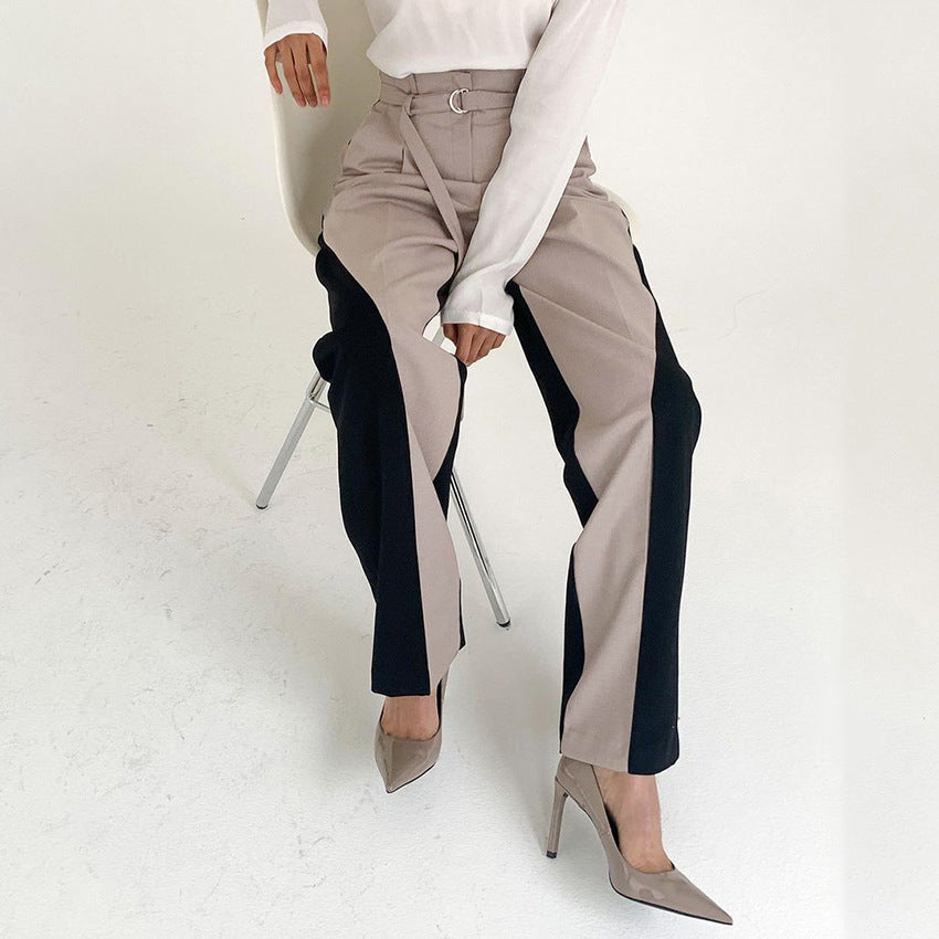 Women's Pants – Wide Leg – High Waist – Belt with Ring – Colorblock Design