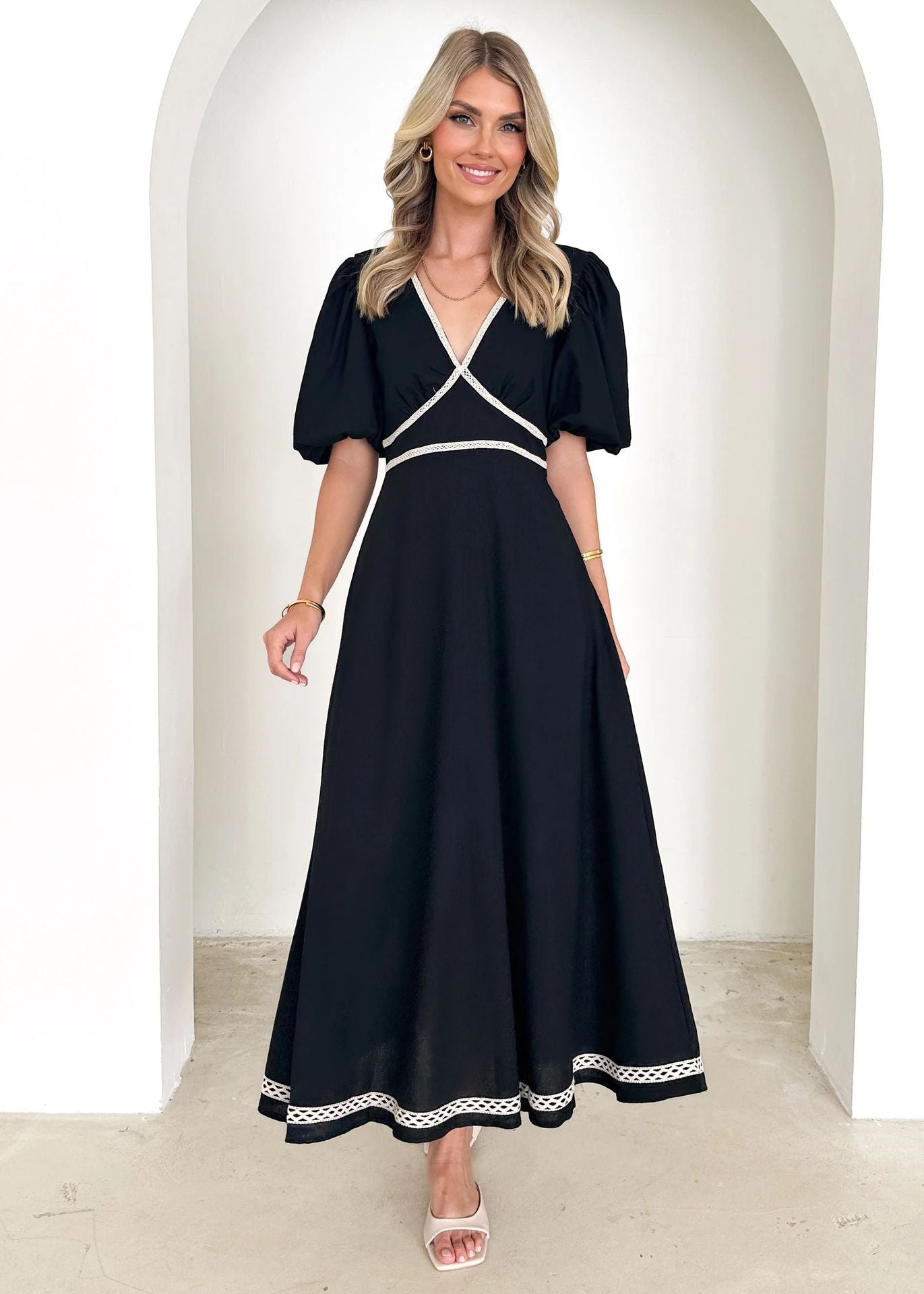 Women's Maxi Dress – V-neck – Puff Sleeves – Lace Trim – Fitted Waist – A-line Skirt