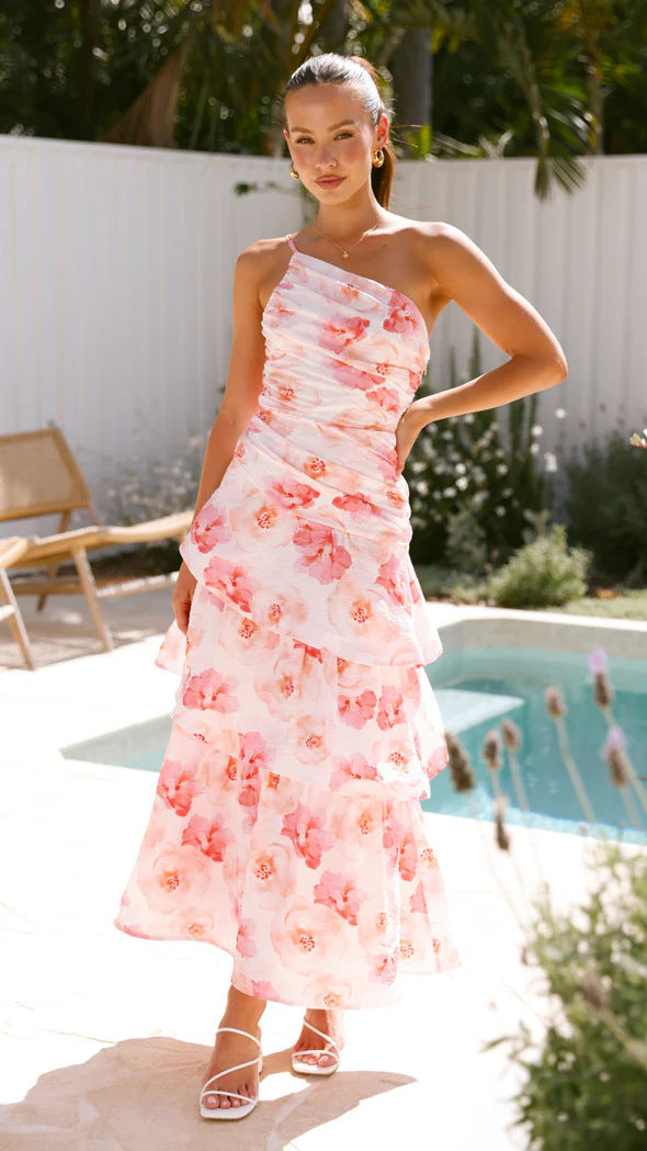 Women's maxi dress – asymmetrical shoulder – ruched top – layered A-line skirt