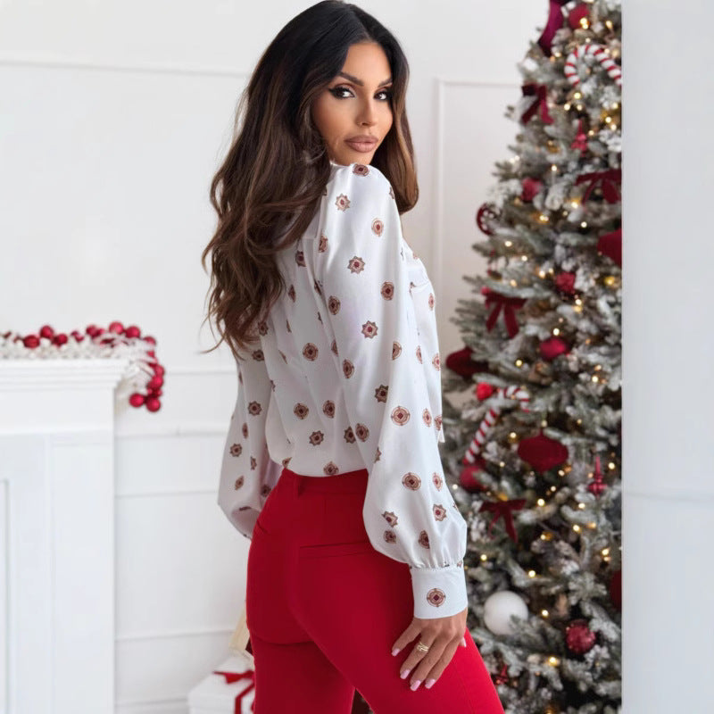 Women's Shirt with Long Sleeves – Slim Fit – Patterned Design – Bow Collar
