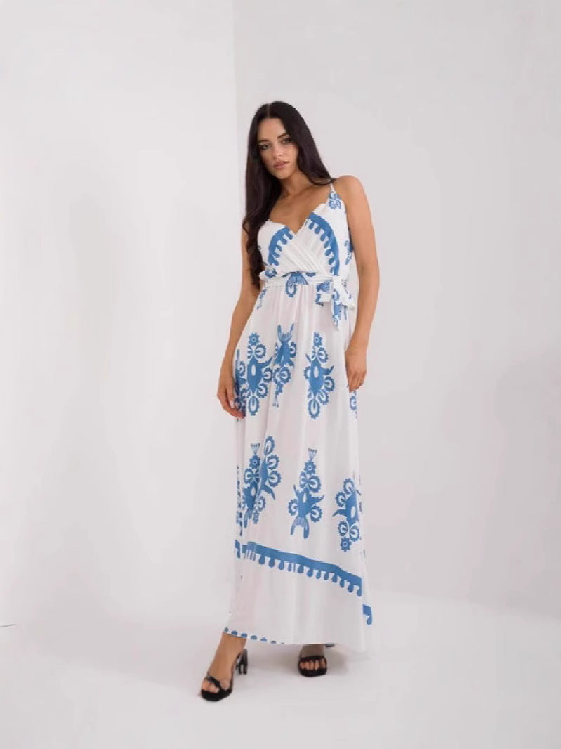 Women's Maxi Dress – Light Cotton – Sleeveless – V-Neck – Empire Waist – Printed Design