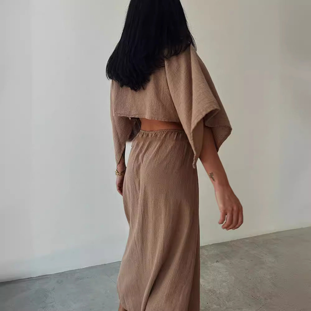 Women's Maxi Dress – Slim Fit – Cotton Linen Blend – V-Neck – High Slit – Cut-Out Waist