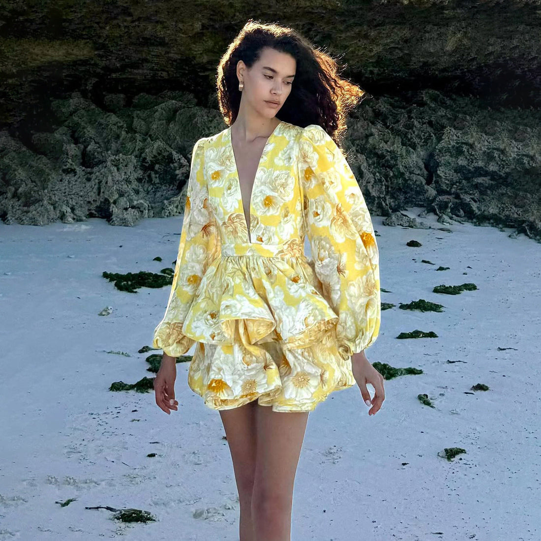 Floral Balloon Sleeve Ruffle Mini Dress