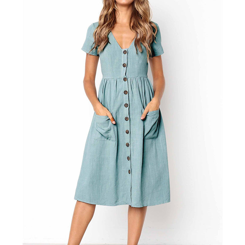 Cotton Blend Button Front Pockets A-Line Dress