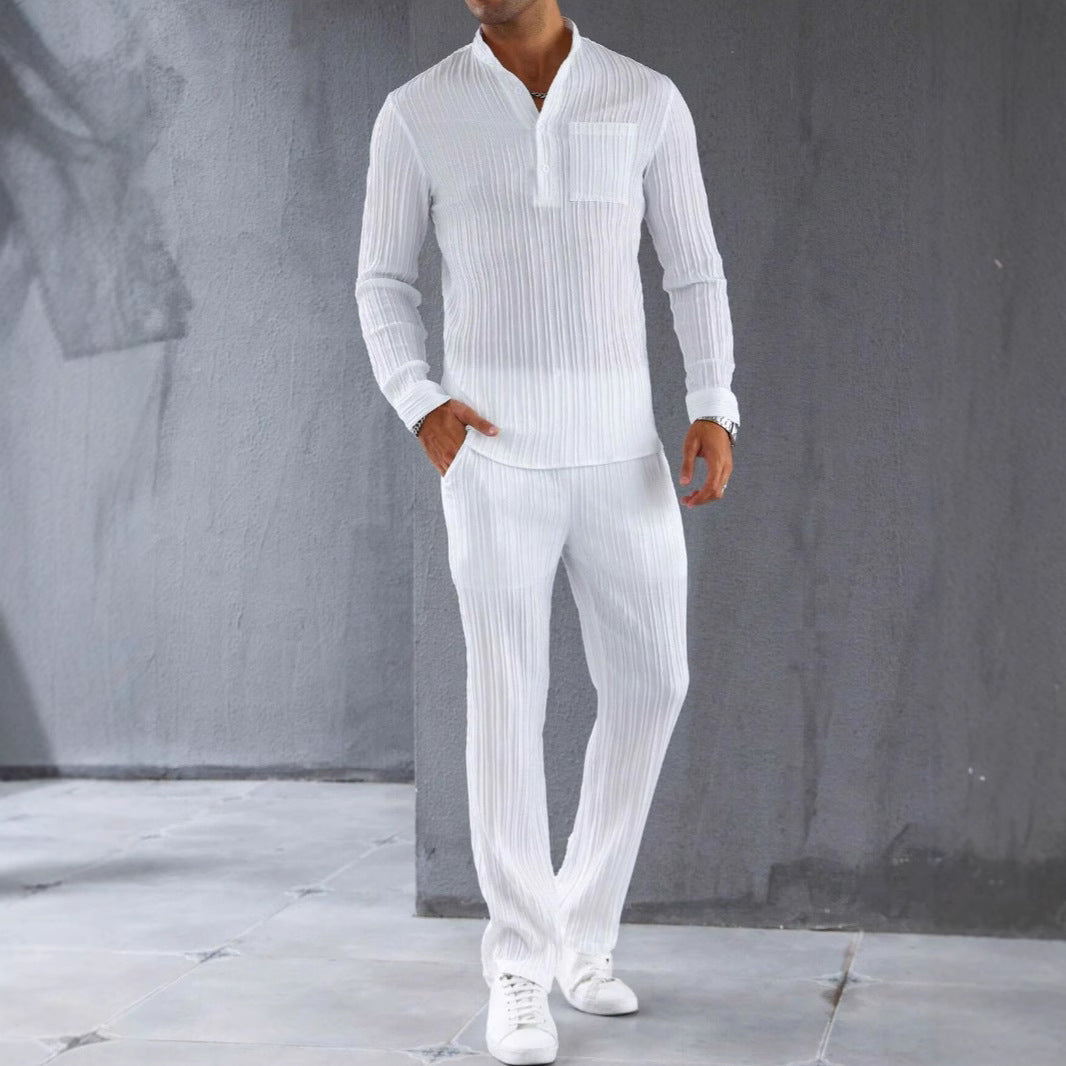 Men's set with shirt and pants – Slim fit – Ribbed texture – Light and breathable
