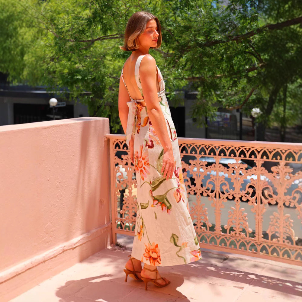 Dress for women – Long fit – Cotton – Floral print – Square neck – Open back