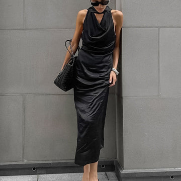 Satin Halterneck Draped Slim Evening Dress