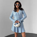 Women's Set with Knit – V-neck Top with Buttons – Ribbed Texture – Flared Mini Skirt