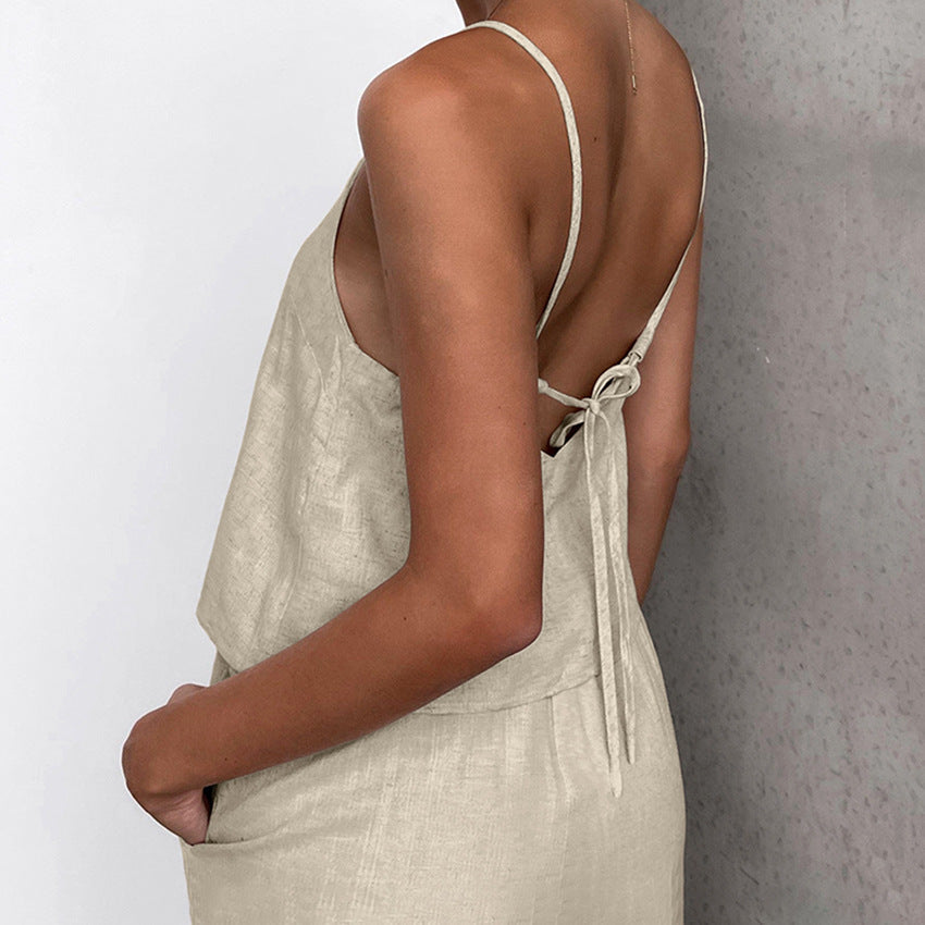 Women's Set – Sleeveless Top and Wide Pants – Cotton Linen – Relaxed Fit – Drawstring Waist