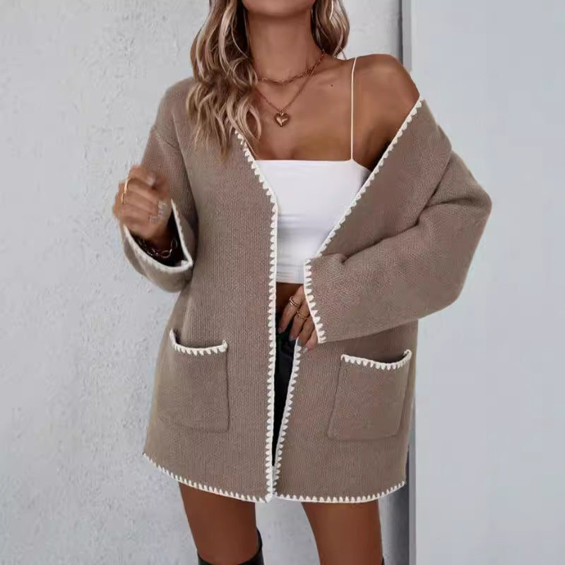 Women's Cardigan – Knit – Oversize Fit – Open Front – Ribbed Edges – Front Pockets