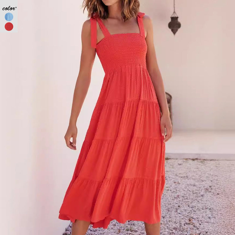 Cotton Blend Smocked Tiered Midi Dress