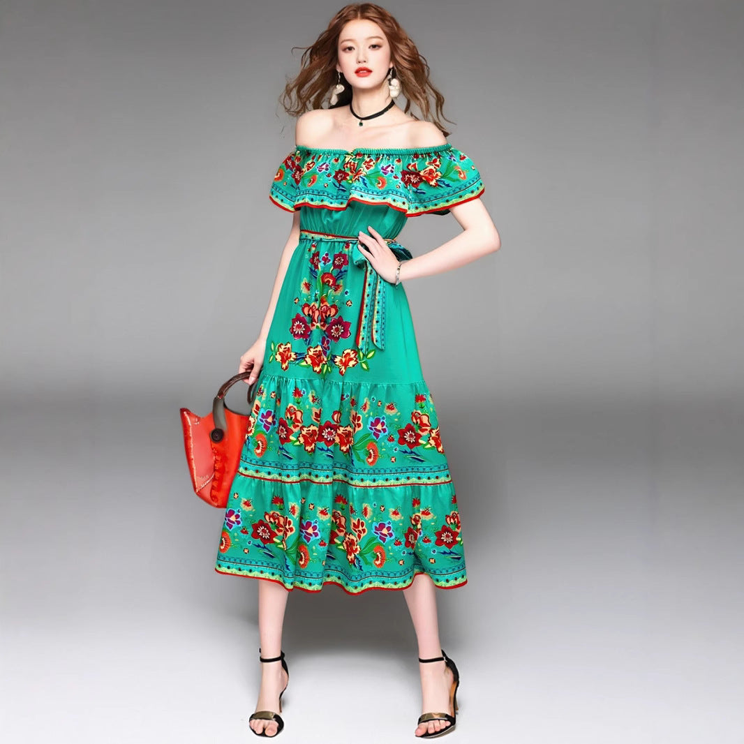 Women's Maxi Dress – Off-Shoulder – Floral Pattern – Ruched Bodice – Tiered Skirt