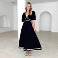 Women's Maxi Dress – V-neck – Puff Sleeves – Lace Trim – Fitted Waist – A-line Skirt