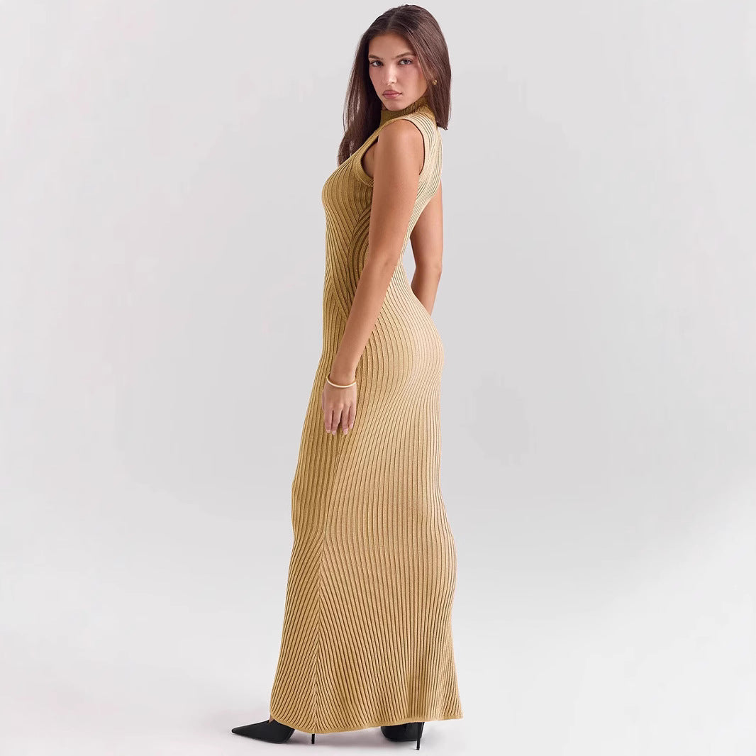 Dress for women – Ribbed knit – Slim fit – Sleeveless – Turtleneck – Mermaid hem