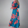 Dress for women – Maxi dress – V-neckline – Puff sleeves – Belt – Bold pattern